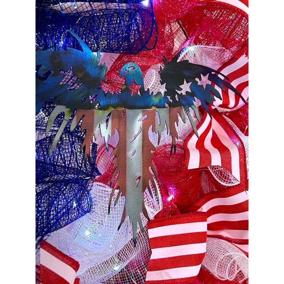 Handmade 4th of July Bald Eagle Patriotic Prelit Ribbon Wreath 22 in LED W3 - Picture 6 of 10
